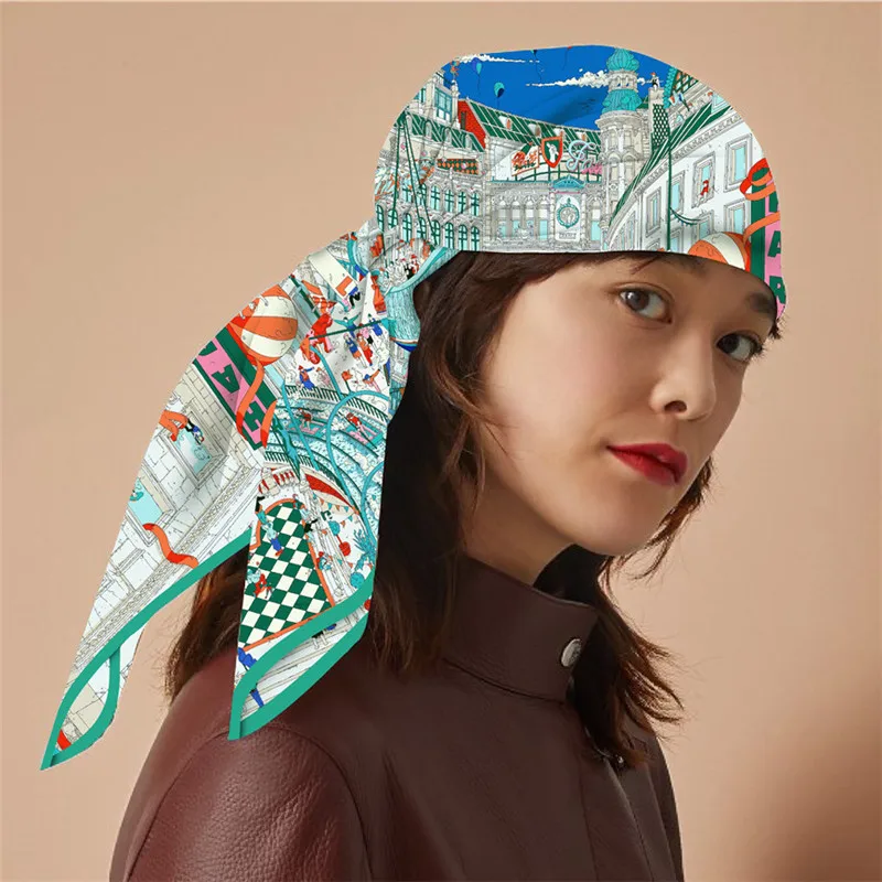 Silk Scarf Women City Street Print Square Scarves Head Echarpes Silk Foulards Femme Wraps Beach Shawl Bandana Lady Hijabs 90CM