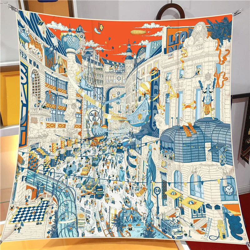 Silk Scarf Women City Street Print Square Scarves Head Echarpes Silk Foulards Femme Wraps Beach Shawl Bandana Lady Hijabs 90CM