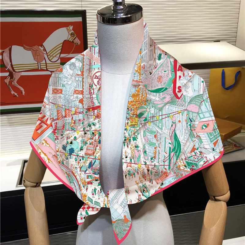 Silk Scarf Women City Street Print Square Scarves Head Echarpes Silk Foulards Femme Wraps Beach Shawl Bandana Lady Hijabs 90CM