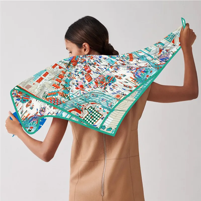 Silk Scarf Women City Street Print Square Scarves Head Echarpes Silk Foulards Femme Wraps Beach Shawl Bandana Lady Hijabs 90CM