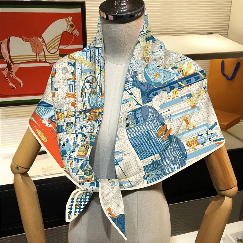 Silk Scarf Women City Street Print Square Scarves Head Echarpes Silk Foulards Femme Wraps Beach Shawl Bandana Lady Hijabs 90CM