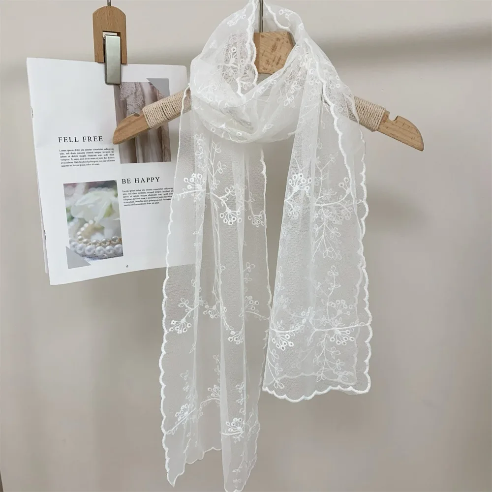 Summer Lace Small Long Scarf Embroidered Flower Long Silk Female Korean Version Literary and Retro Versatile Decorative Shawl