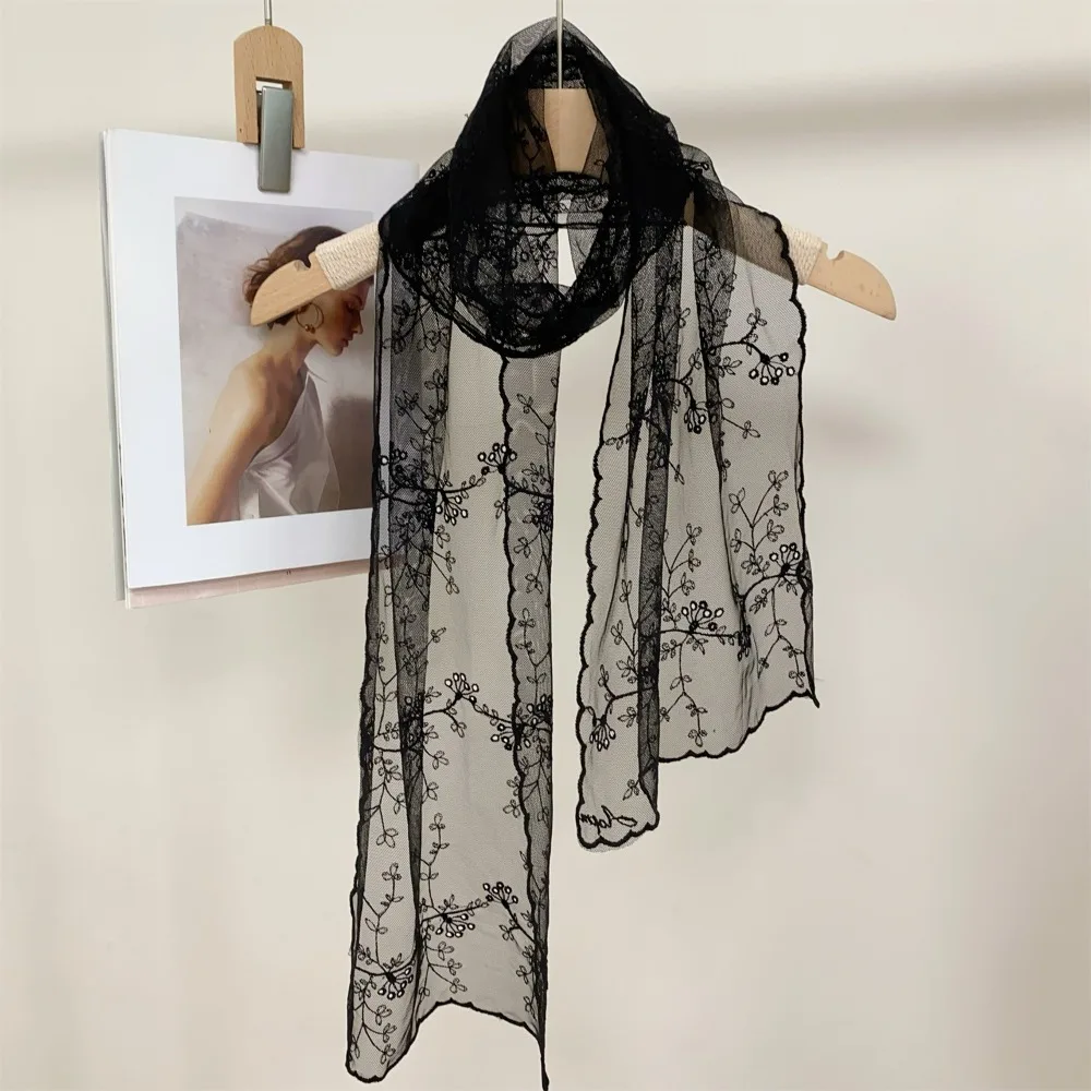Summer Lace Small Long Scarf Embroidered Flower Long Silk Female Korean Version Literary and Retro Versatile Decorative Shawl