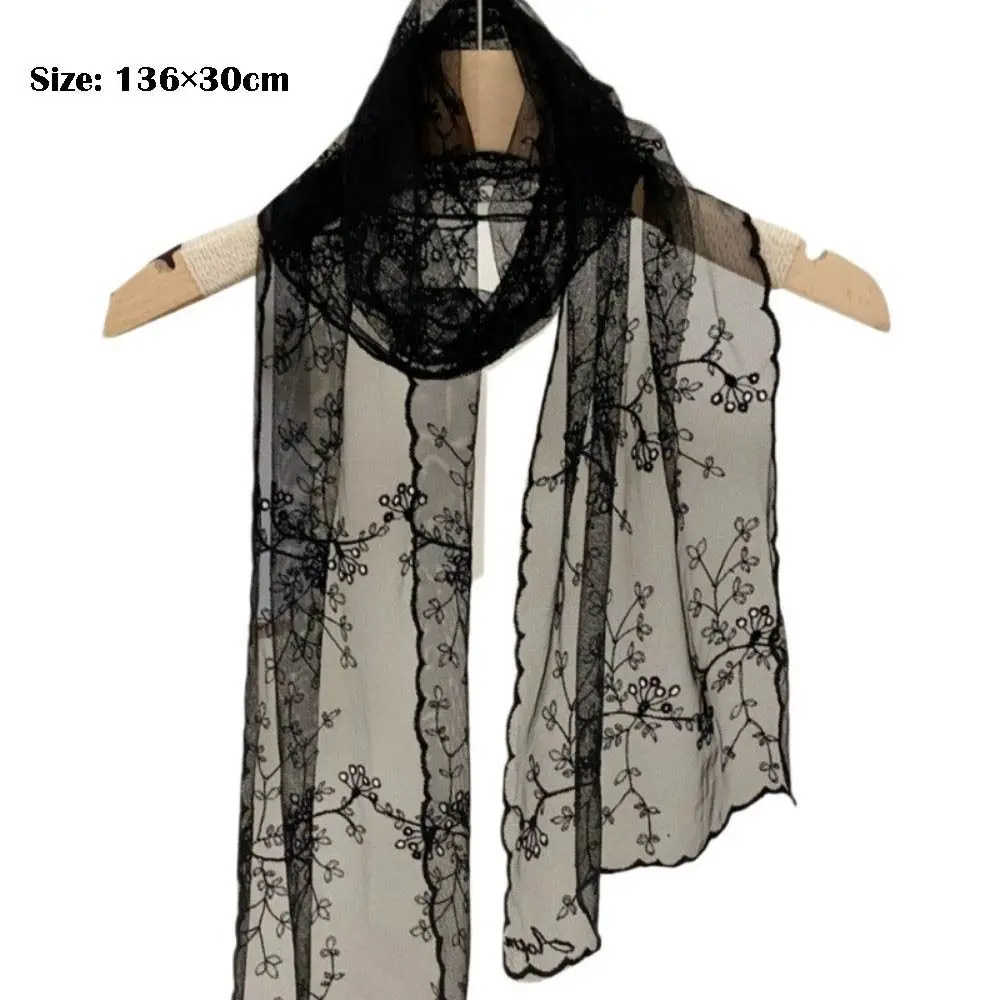 Summer Lace Small Long Scarf Embroidered Flower Long Silk Female Korean Version Literary and Retro Versatile Decorative Shawl