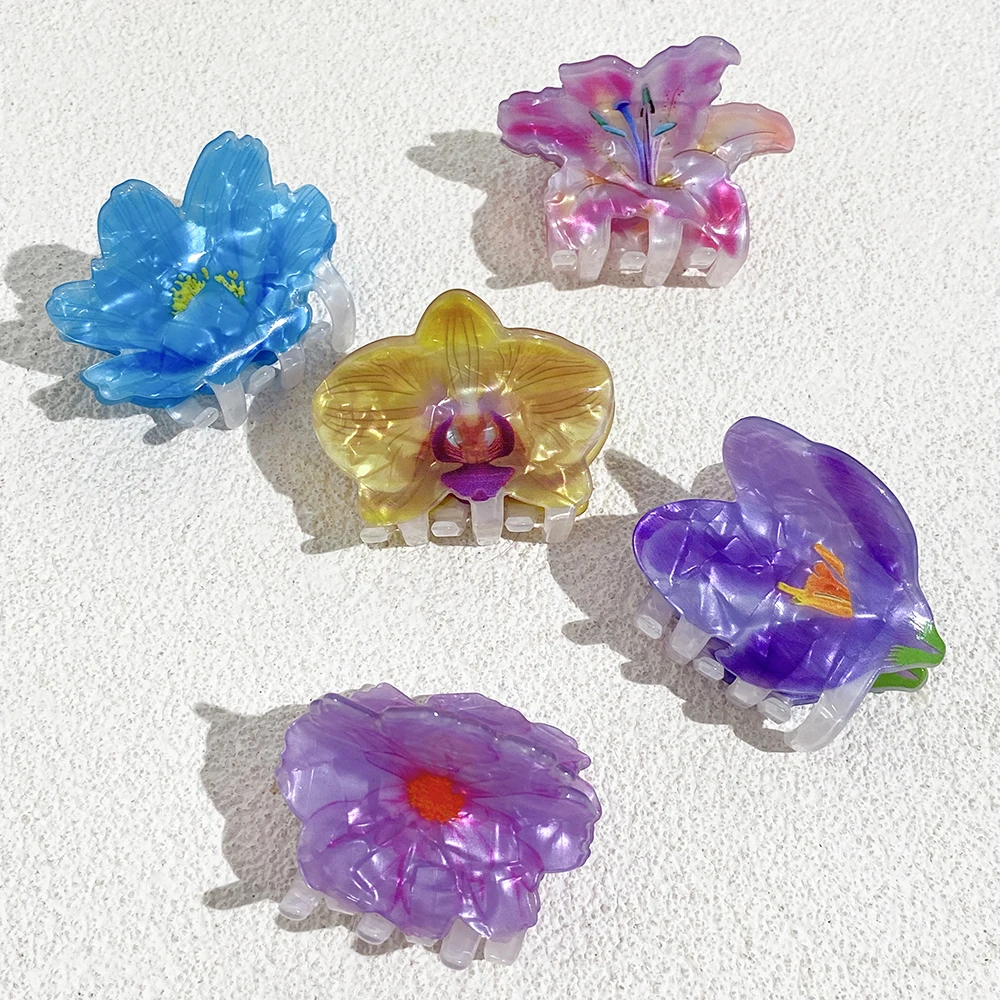 Colorful Printed Flower Acrylic Geometric Crab Clamp For Women Girls Creative Fixed Ponytail Hair Clip Claw Charm Accessories
