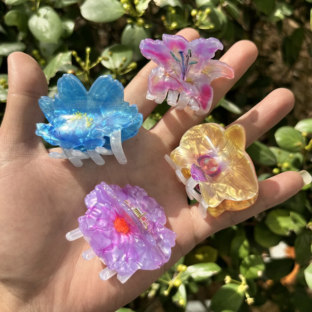Colorful Printed Flower Acrylic Geometric Crab Clamp For Women Girls Creative Fixed Ponytail Hair Clip Claw Charm Accessories
