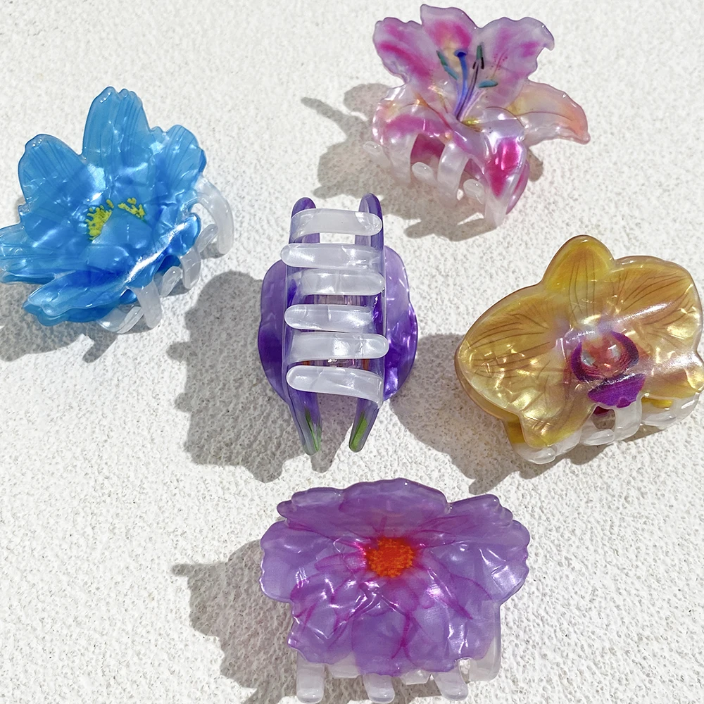 Colorful Printed Flower Acrylic Geometric Crab Clamp For Women Girls Creative Fixed Ponytail Hair Clip Claw Charm Accessories