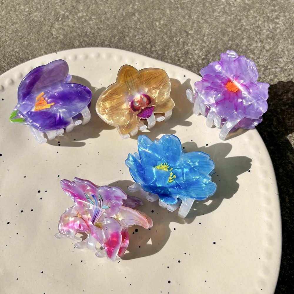Colorful Printed Flower Acrylic Geometric Crab Clamp For Women Girls Creative Fixed Ponytail Hair Clip Claw Charm Accessories