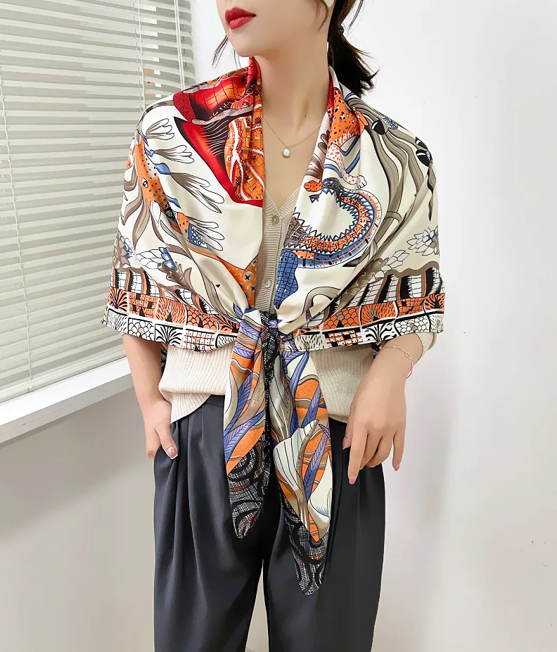 130x130CM Twill Silk Square Scarf Animals Print Women Scarves&Wrap Giraffe Neckerchief Spanish Large Bandana Neck Shawl Wraps