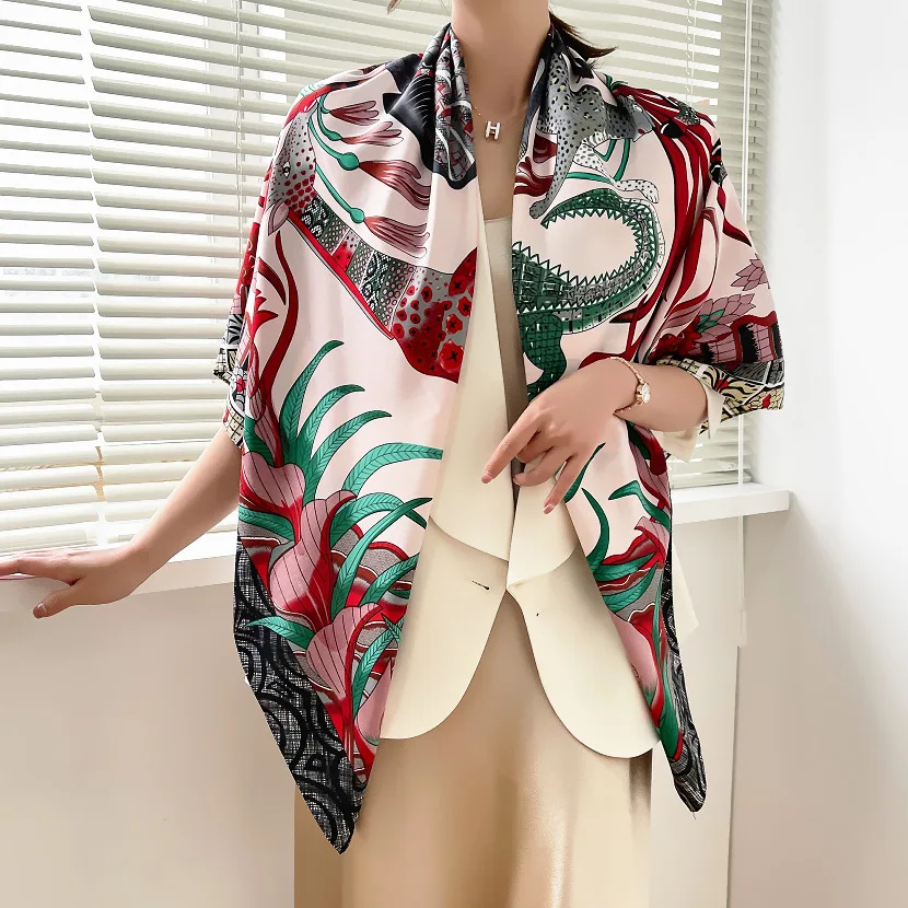 130x130CM Twill Silk Square Scarf Animals Print Women Scarves&Wrap Giraffe Neckerchief Spanish Large Bandana Neck Shawl Wraps