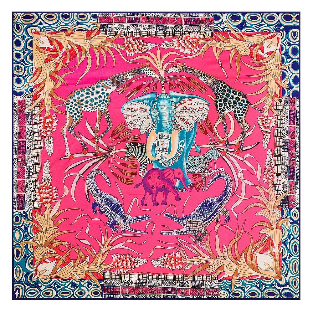 130x130CM Twill Silk Square Scarf Animals Print Women Scarves&Wrap Giraffe Neckerchief Spanish Large Bandana Neck Shawl Wraps