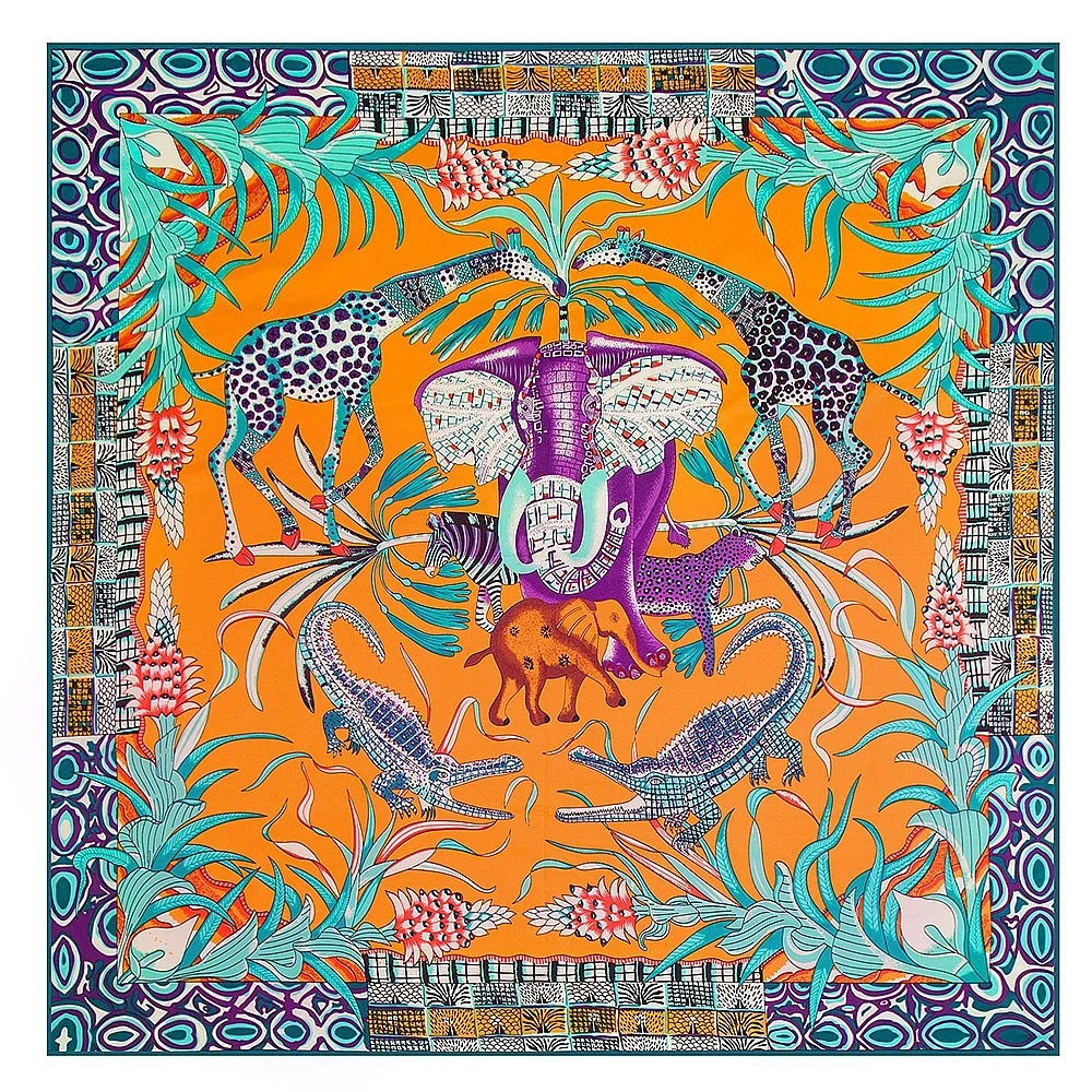 130x130CM Twill Silk Square Scarf Animals Print Women Scarves&Wrap Giraffe Neckerchief Spanish Large Bandana Neck Shawl Wraps