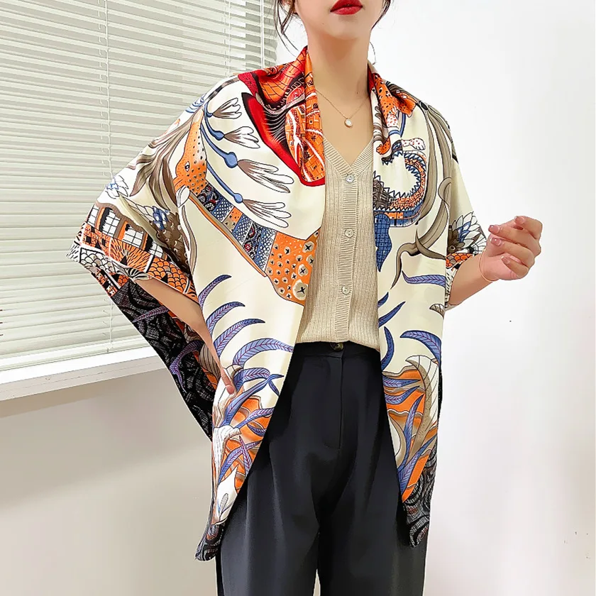 130x130CM Twill Silk Square Scarf Animals Print Women Scarves&Wrap Giraffe Neckerchief Spanish Large Bandana Neck Shawl Wraps