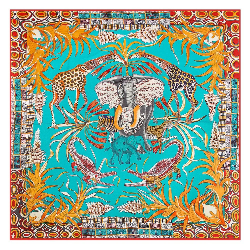 130x130CM Twill Silk Square Scarf Animals Print Women Scarves&Wrap Giraffe Neckerchief Spanish Large Bandana Neck Shawl Wraps