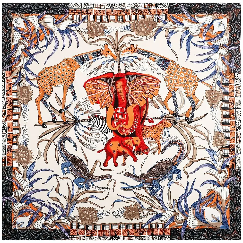 130x130CM Twill Silk Square Scarf Animals Print Women Scarves&Wrap Giraffe Neckerchief Spanish Large Bandana Neck Shawl Wraps