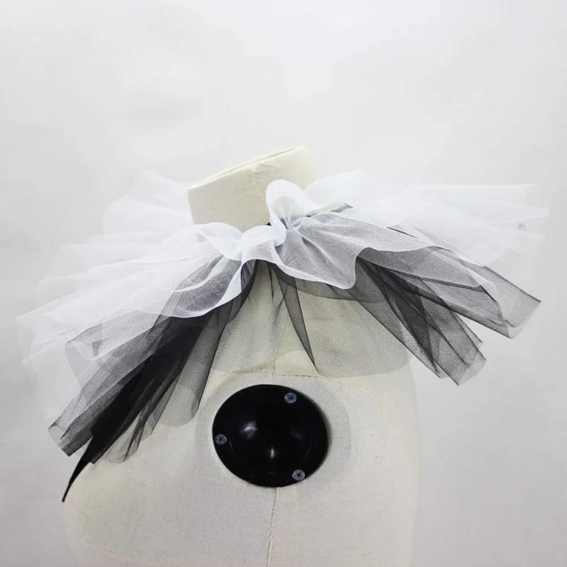 Renaissance Tulle Ruffled Fake Collar Layered Black White Mesh Clown Choker Lace-Up Ribbon Victorian Neck Ruff Shawl Cosplay