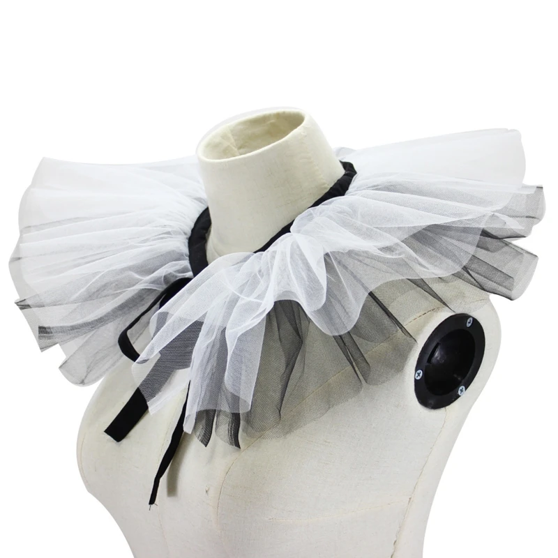 Renaissance Tulle Ruffled Fake Collar Layered Black White Mesh Clown Choker Lace-Up Ribbon Victorian Neck Ruff Shawl Cosplay