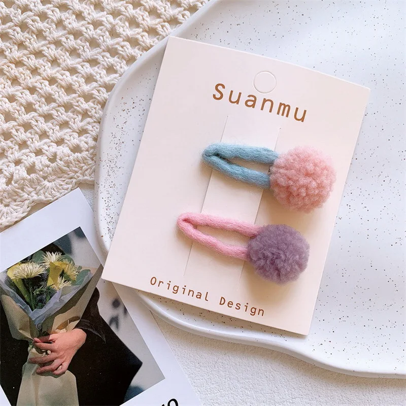 2pcs/set cute Pompoms Hair Clip For Kids ball hairclip pink barrettes baby kawaii hair clips toddler girl hair accessories
