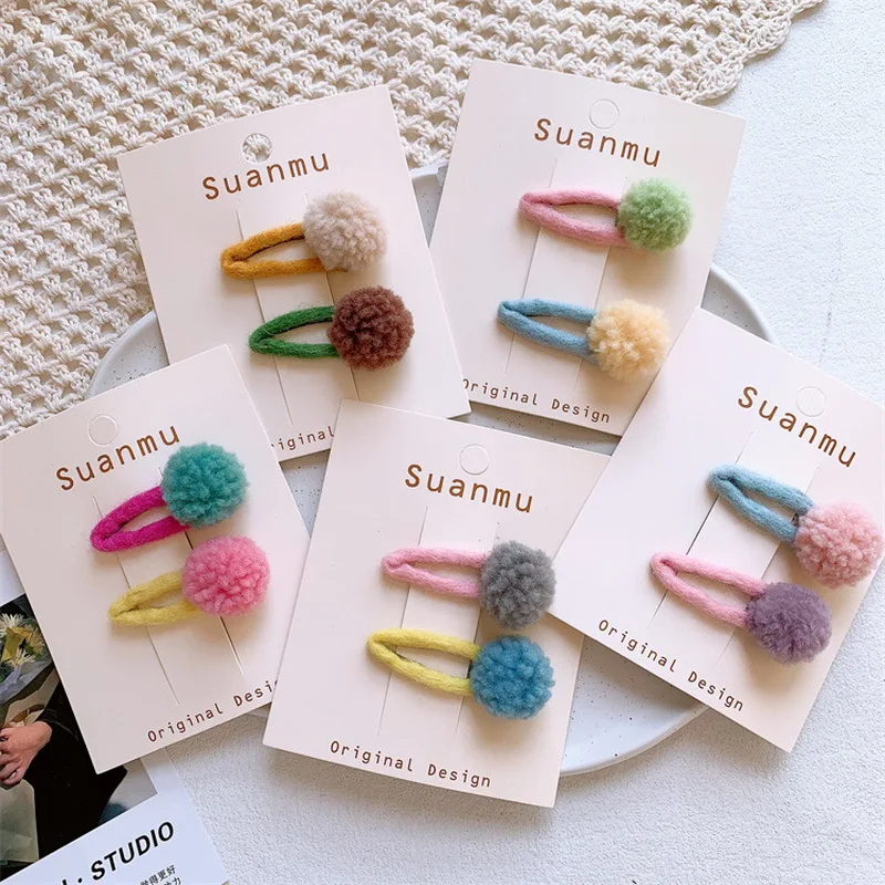 2pcs/set cute Pompoms Hair Clip For Kids ball hairclip pink barrettes baby kawaii hair clips toddler girl hair accessories
