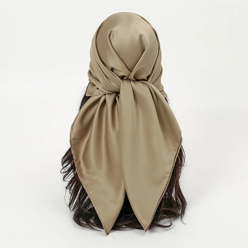 Plain Silk 90 Square Scarf Satin Headband For Muslim Woman Printed Hijabs Wraps Fashion Headscarf Casual Turban Female Bandbana