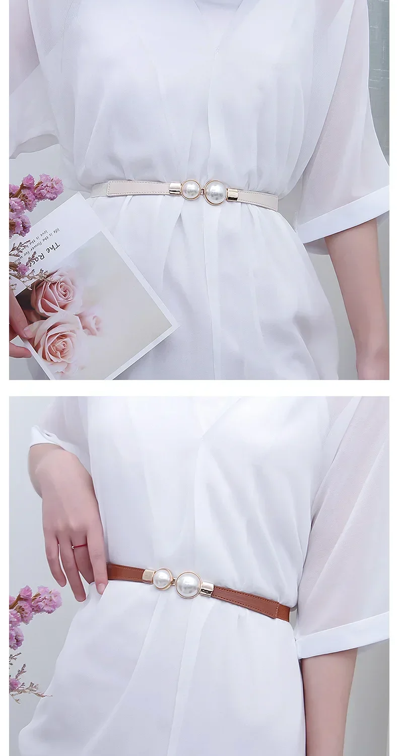 Elegant Vintage Pearl Waist Chain Belts Women's Korean Style Sweater Jacket Hooks Elastic Slim Fit Leather Belt