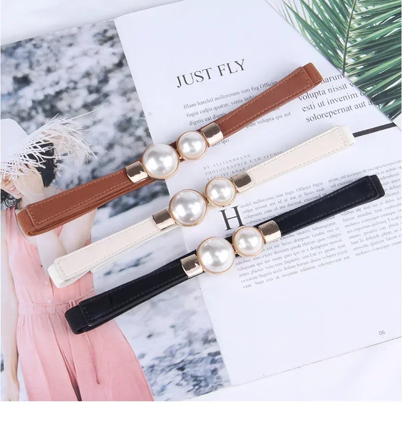 Elegant Vintage Pearl Waist Chain Belts Women's Korean Style Sweater Jacket Hooks Elastic Slim Fit Leather Belt