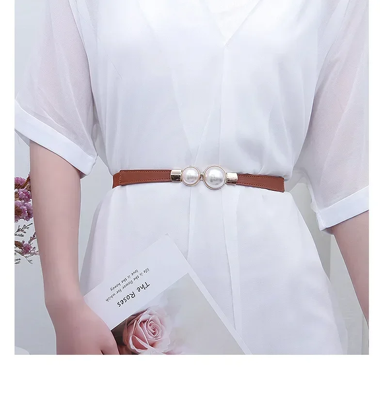 Elegant Vintage Pearl Waist Chain Belts Women's Korean Style Sweater Jacket Hooks Elastic Slim Fit Leather Belt