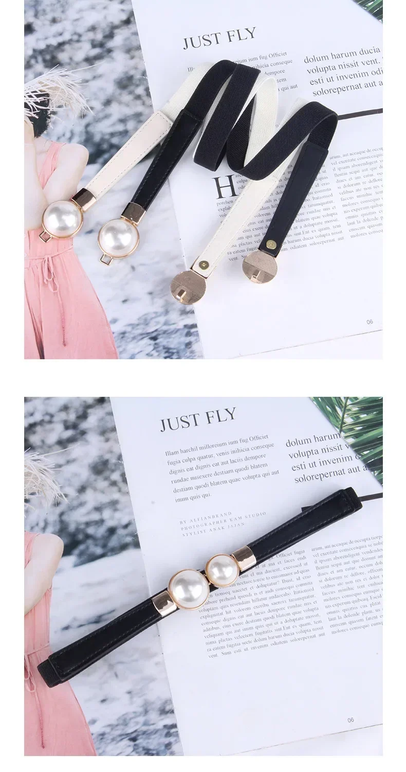 Elegant Vintage Pearl Waist Chain Belts Women's Korean Style Sweater Jacket Hooks Elastic Slim Fit Leather Belt