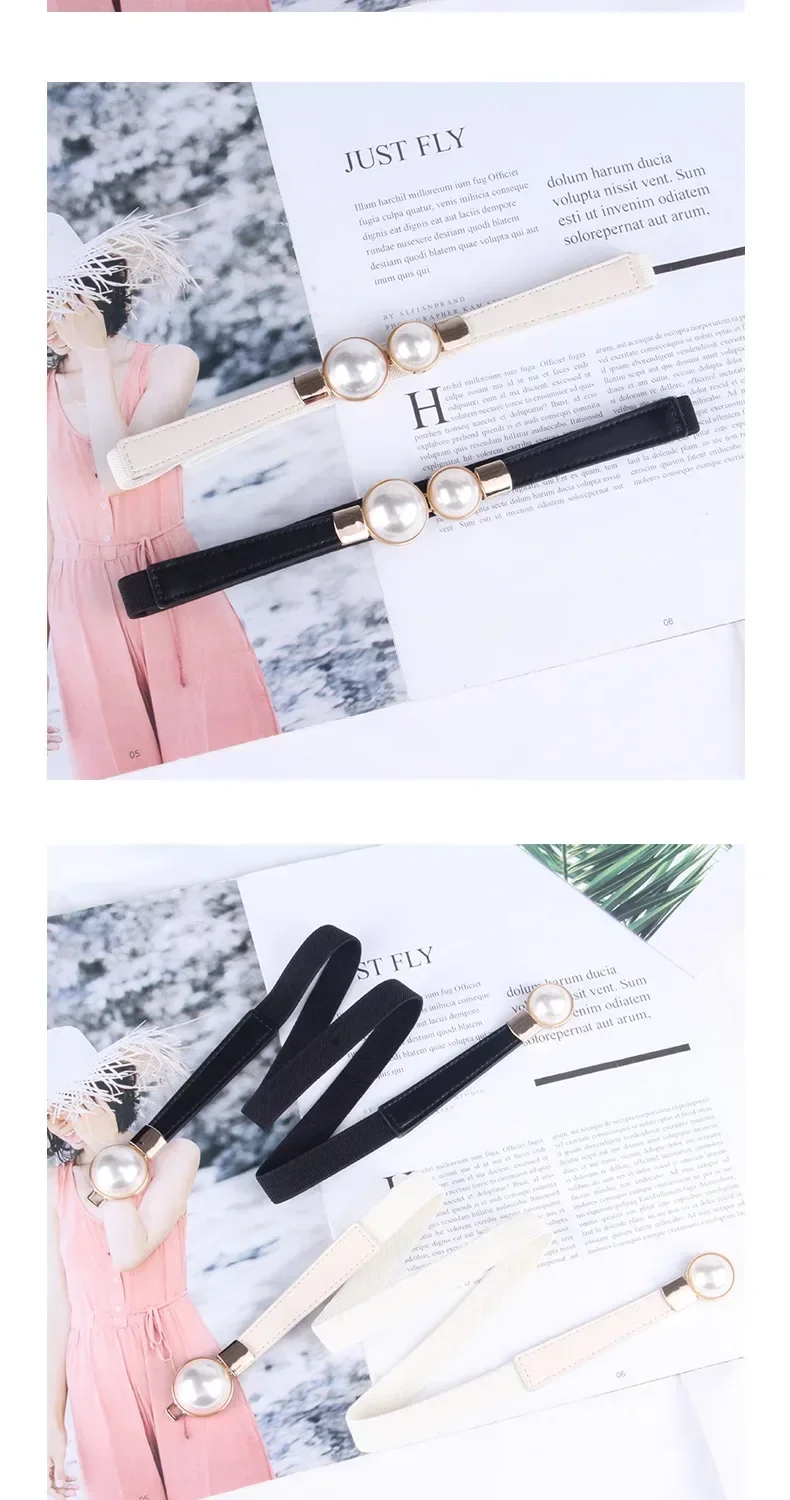 Elegant Vintage Pearl Waist Chain Belts Women's Korean Style Sweater Jacket Hooks Elastic Slim Fit Leather Belt