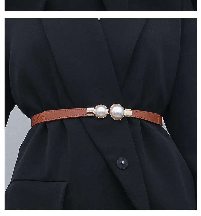 Elegant Vintage Pearl Waist Chain Belts Women's Korean Style Sweater Jacket Hooks Elastic Slim Fit Leather Belt