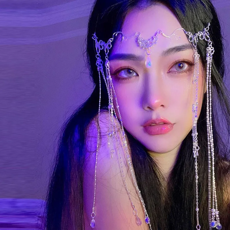 Fairy Long Tassel Veil Hair Ornaments Headband Forehead Chain Face Curtain Retro Luxury Crystal Headdress Women Hair Accessories