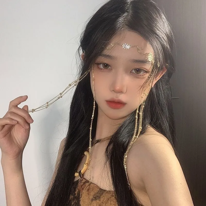 Fairy Long Tassel Veil Hair Ornaments Headband Forehead Chain Face Curtain Retro Luxury Crystal Headdress Women Hair Accessories