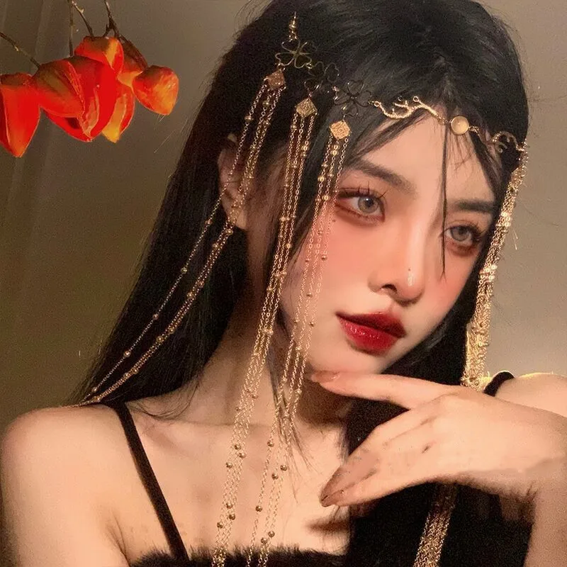 Fairy Long Tassel Veil Hair Ornaments Headband Forehead Chain Face Curtain Retro Luxury Crystal Headdress Women Hair Accessories