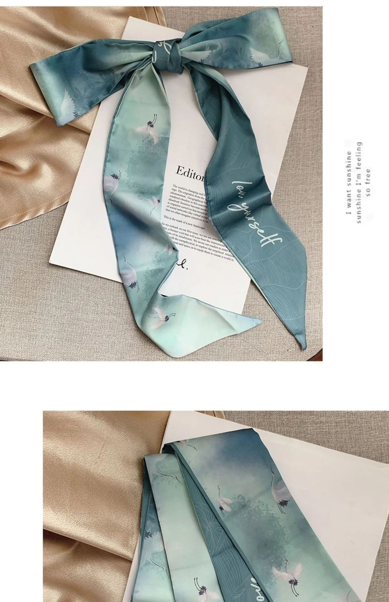 French Bow Tie Painting Silk Scarf Long Ribbon Oil Painting Headscarf Headband Hair Accessories