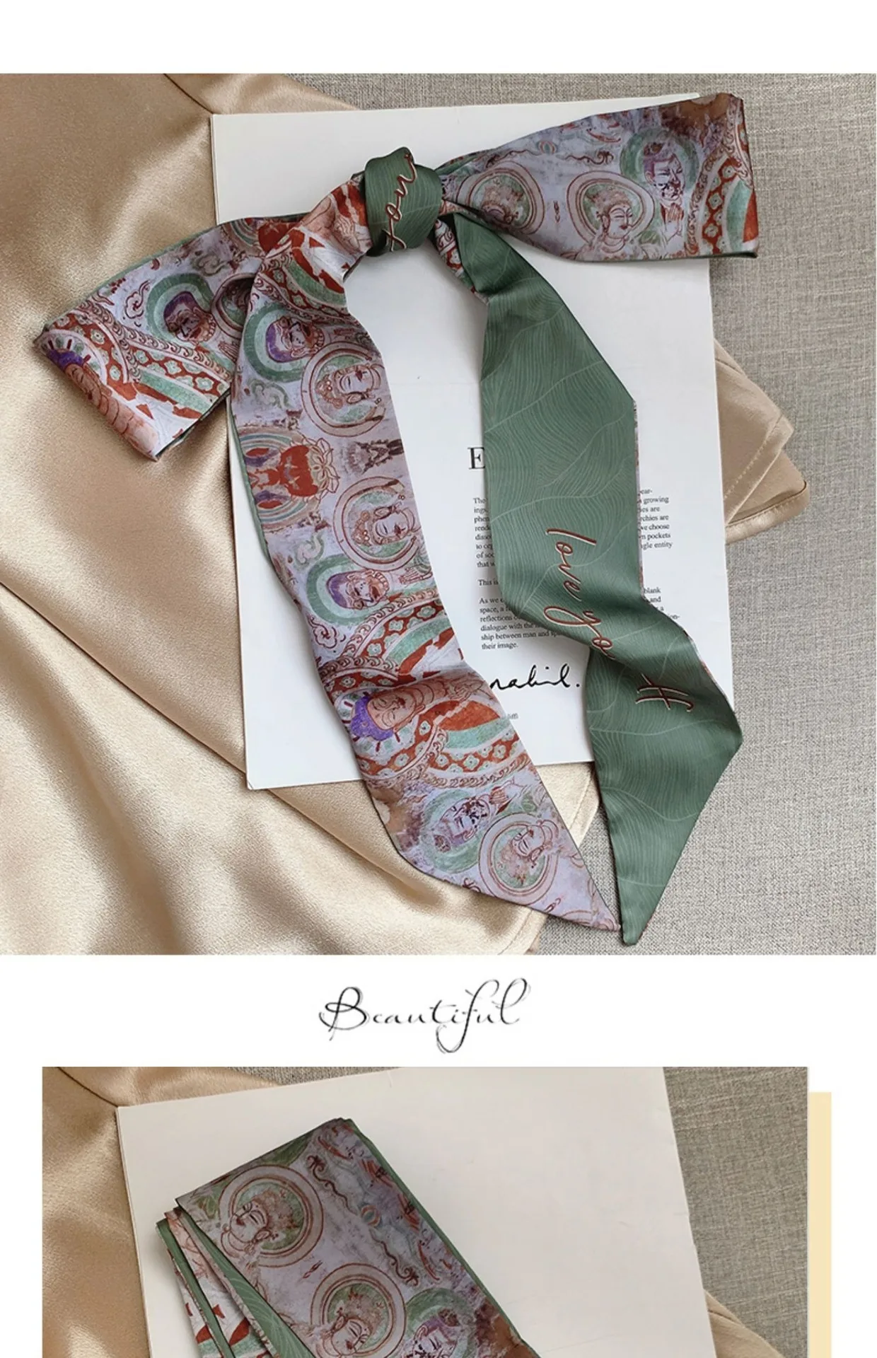 French Bow Tie Painting Silk Scarf Long Ribbon Oil Painting Headscarf Headband Hair Accessories