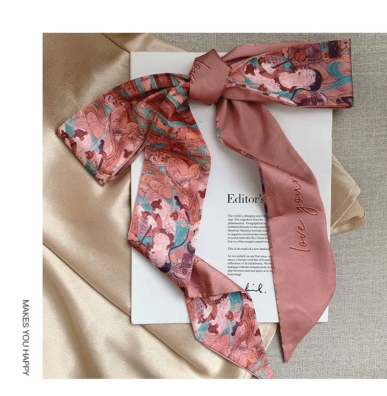 French Bow Tie Painting Silk Scarf Long Ribbon Oil Painting Headscarf Headband Hair Accessories