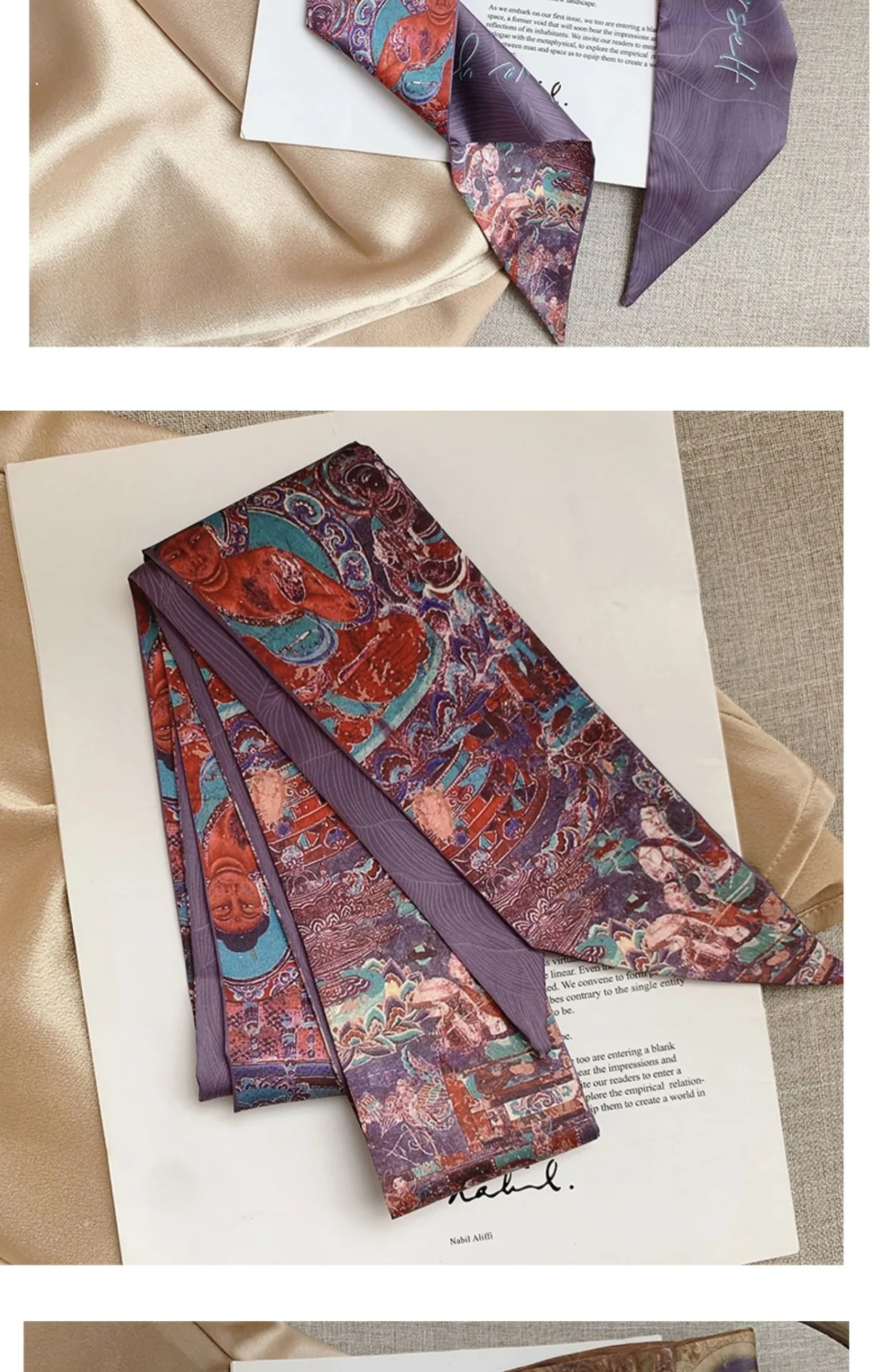 French Bow Tie Painting Silk Scarf Long Ribbon Oil Painting Headscarf Headband Hair Accessories
