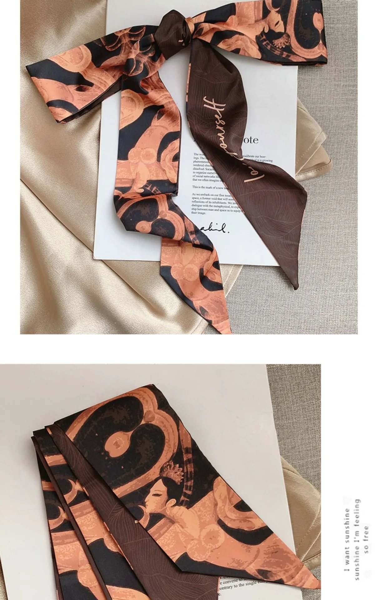 French Bow Tie Painting Silk Scarf Long Ribbon Oil Painting Headscarf Headband Hair Accessories