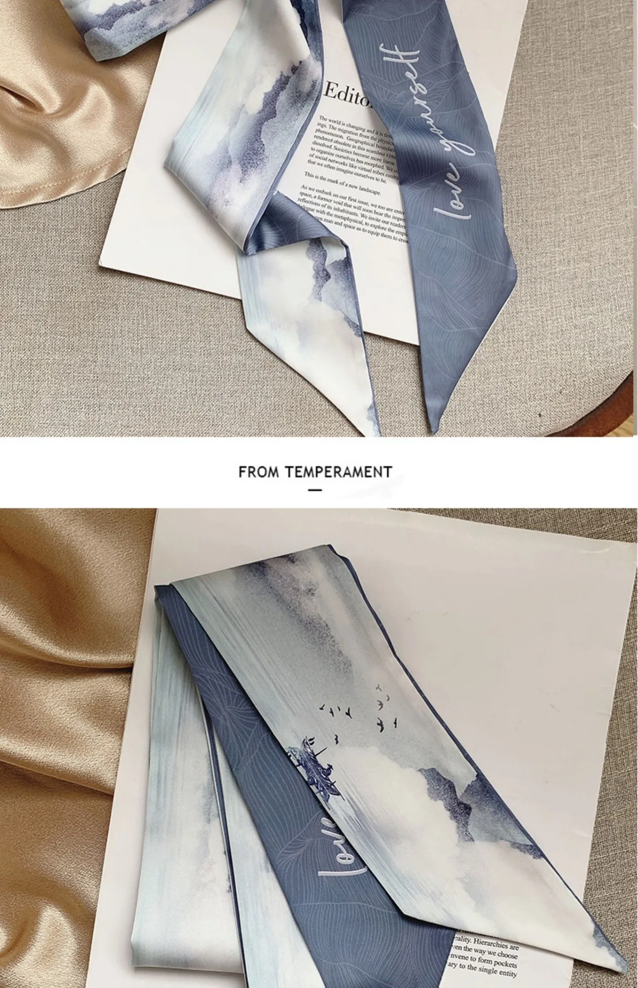 French Bow Tie Painting Silk Scarf Long Ribbon Oil Painting Headscarf Headband Hair Accessories