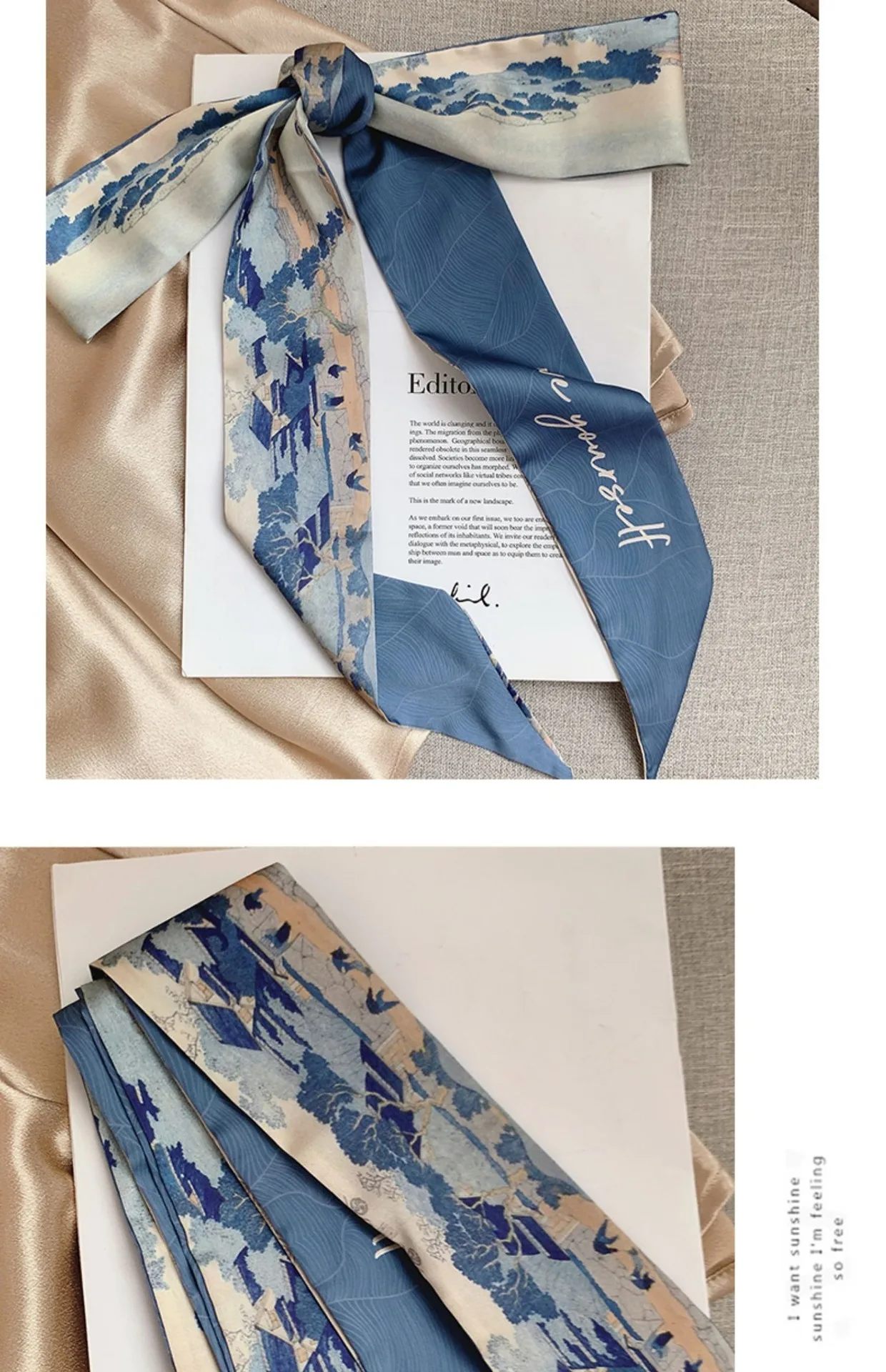 French Bow Tie Painting Silk Scarf Long Ribbon Oil Painting Headscarf Headband Hair Accessories