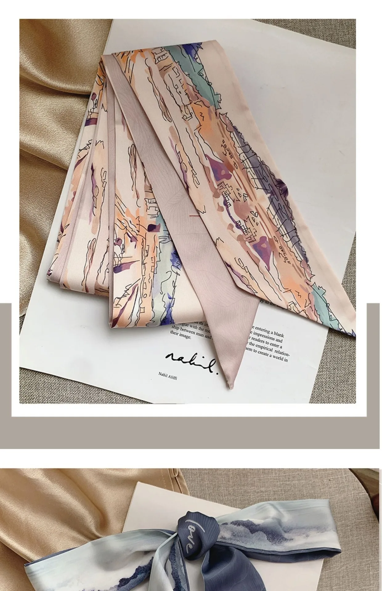 French Bow Tie Painting Silk Scarf Long Ribbon Oil Painting Headscarf Headband Hair Accessories