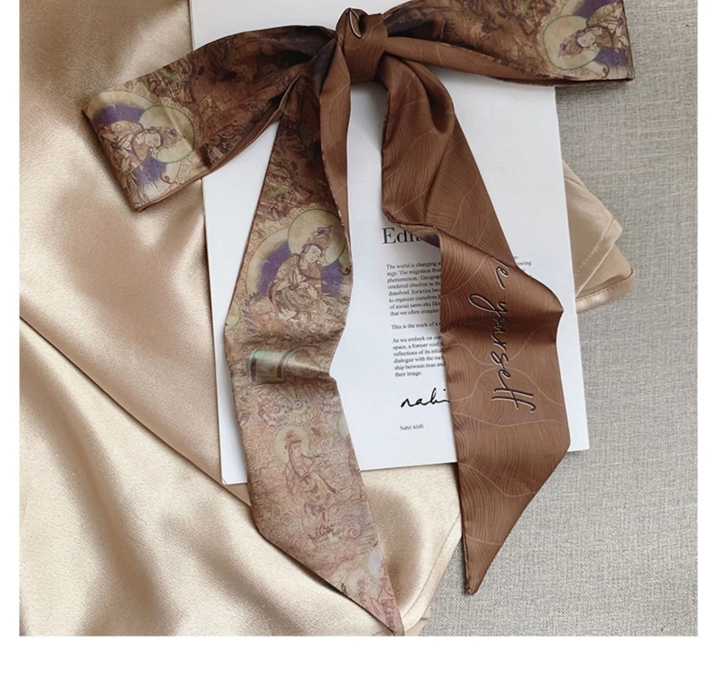 French Bow Tie Painting Silk Scarf Long Ribbon Oil Painting Headscarf Headband Hair Accessories
