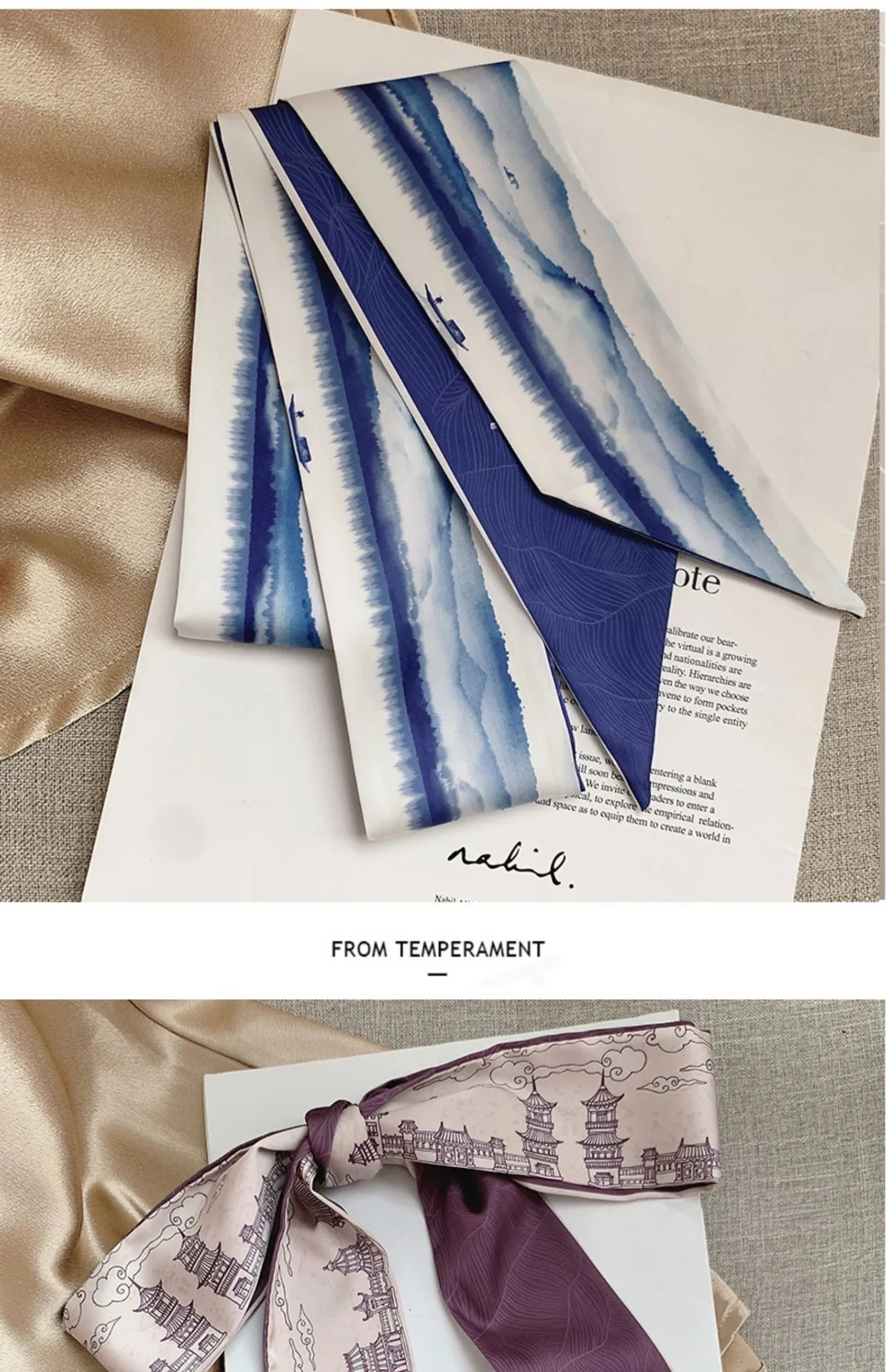 French Bow Tie Painting Silk Scarf Long Ribbon Oil Painting Headscarf Headband Hair Accessories