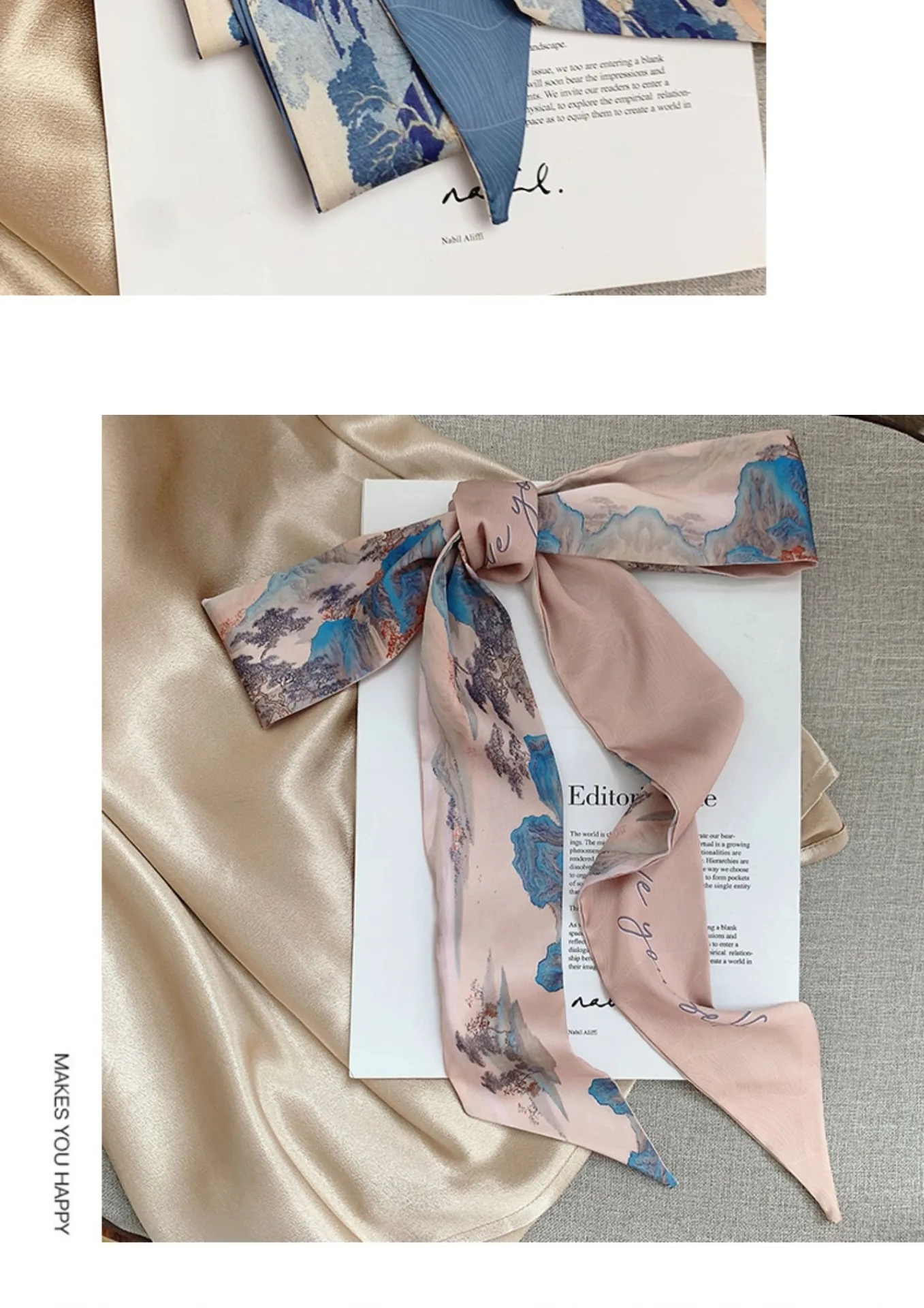 French Bow Tie Painting Silk Scarf Long Ribbon Oil Painting Headscarf Headband Hair Accessories
