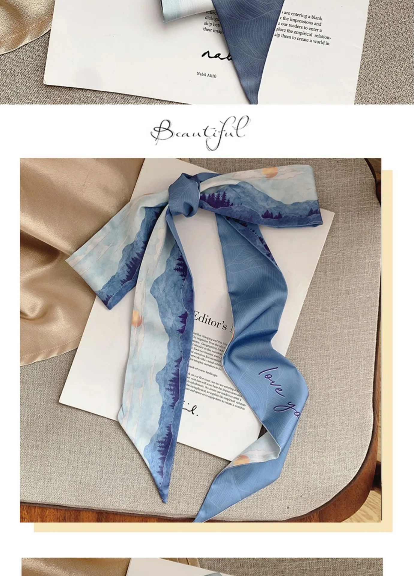 French Bow Tie Painting Silk Scarf Long Ribbon Oil Painting Headscarf Headband Hair Accessories