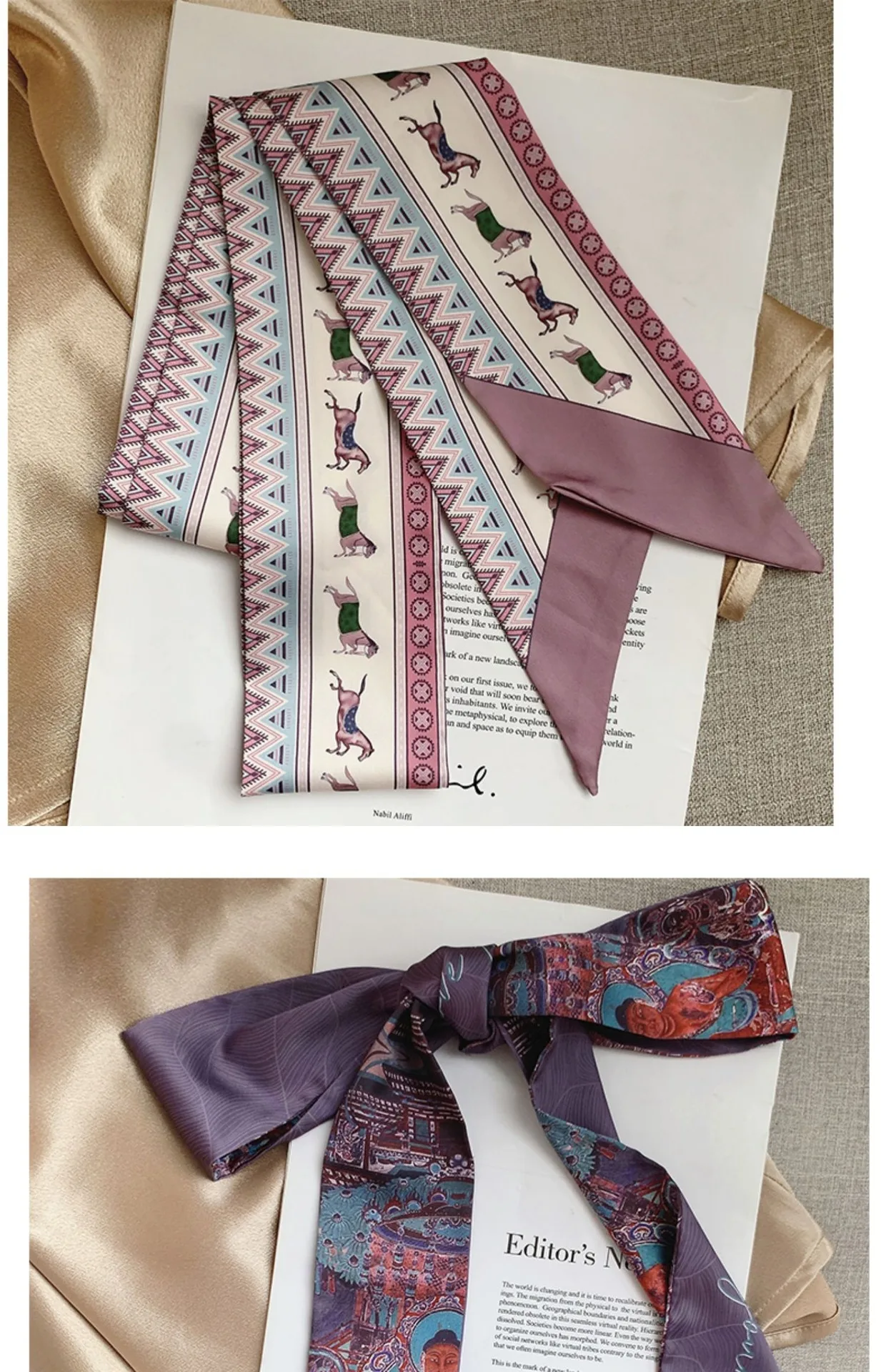 French Bow Tie Painting Silk Scarf Long Ribbon Oil Painting Headscarf Headband Hair Accessories