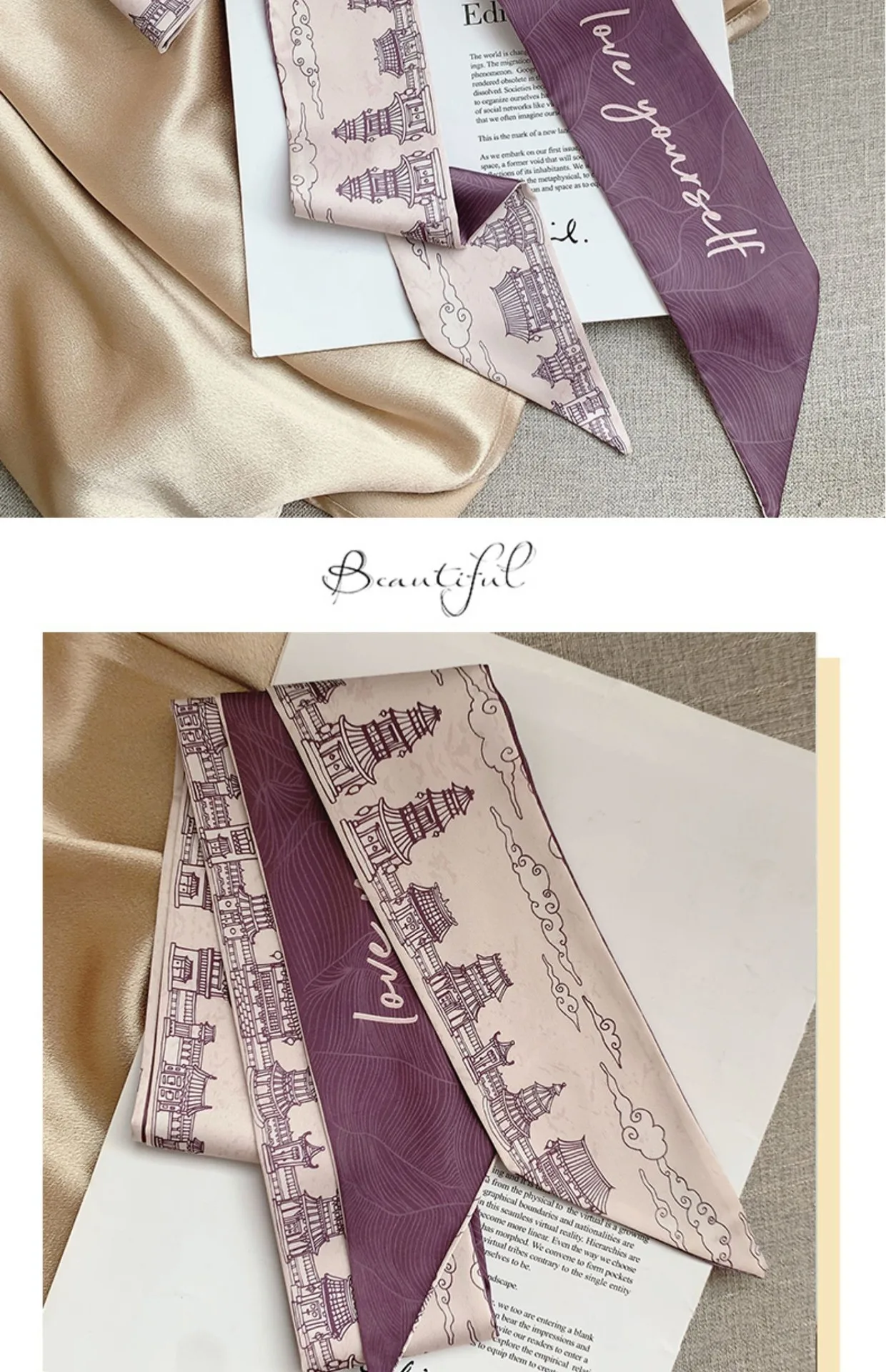 French Bow Tie Painting Silk Scarf Long Ribbon Oil Painting Headscarf Headband Hair Accessories