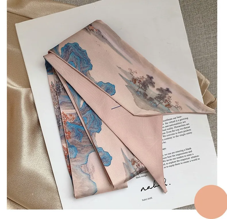 French Bow Tie Painting Silk Scarf Long Ribbon Oil Painting Headscarf Headband Hair Accessories