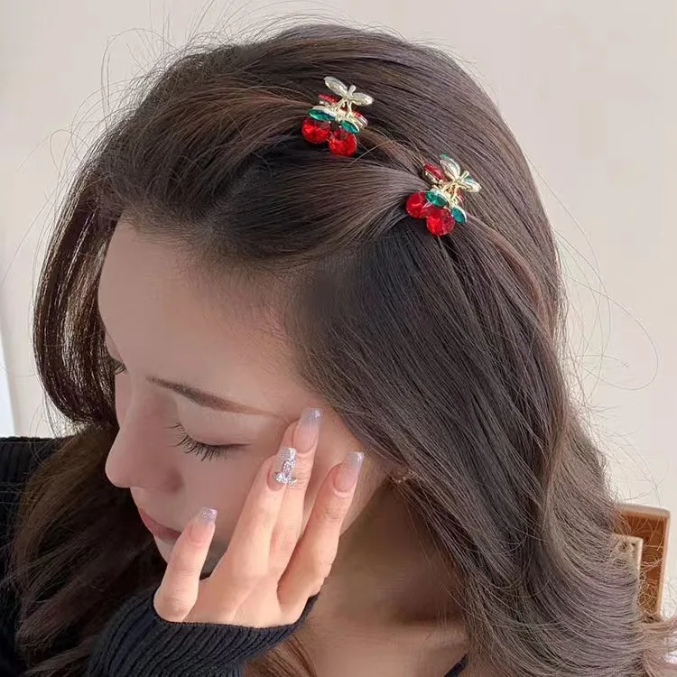 Women Lovely Cherry Rhinestone Hair Clips Fashion Girl's Cute BB Clips Beads Hairpins Accessories