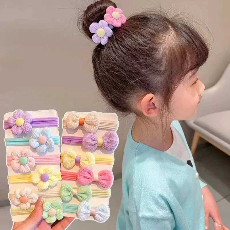 6/Set Cute Bow Flower Rubber Elastic Hair Bands Girls Not Hurt Hair Small Scrunchie Kids Sweet Hair Ties Hair Accessories